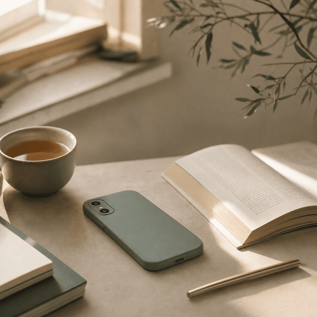 Un téléphone posé face contre la table, un livre ouvert, une tasse de thé, à l'aube